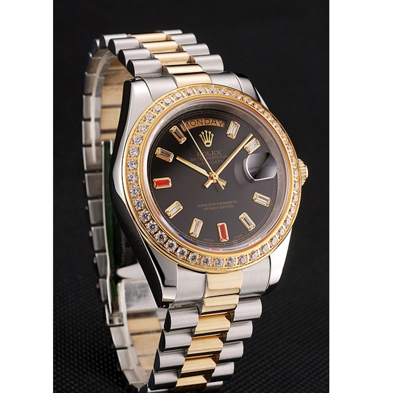 Aaa replica watch Day-Date Dial Two Swiss Black Diamonds And Bracelet Rubies 1454105 Rolex Tone 0803